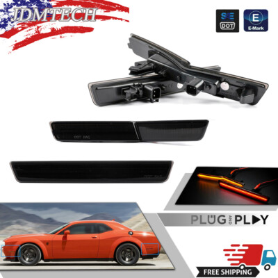 For 18-22 Dodge Challenger SRT Black Lens Side Marker Lights LED Kit, Front+Rear