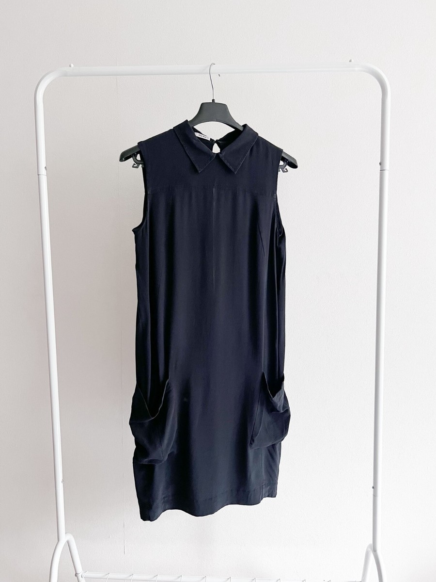 MIU MIU by Prada 100% Silk Black Mid-Length Dress Light Collar Sleeveless  IT 38