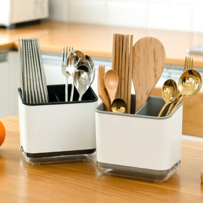 Plastic Cutlery Storage Organizer Caddy - Kitchen Utensil Holder With Drainer