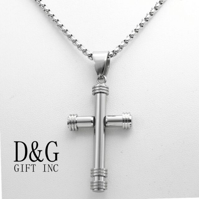 DG Men&#039;s 24" Necklace Round Box Chain.CROSS Pendant-Stainless-Steel.Silver~Box