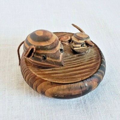 Vintage wood carved mice on wood w/ leather tails & ears mouse mom baby figurine