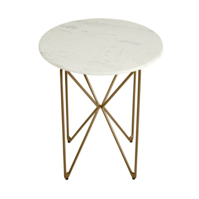 Modern Round Accent Table With Gold Finish Wire Base And Natural Marble Top NEW