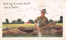 WWI Military Postcard-American Soldier Digs Trench to End In Berlin-Artist Wall