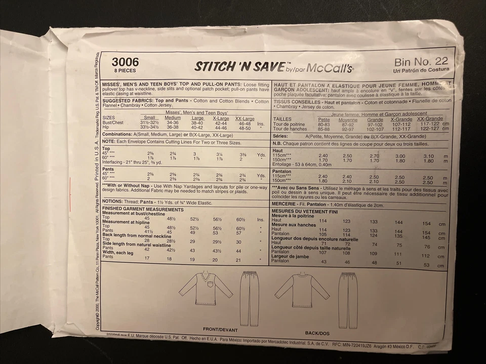 Stitch n Save Pattern Top Pants Pajama Small Medium Large Unisex Precut 3006 - Image 2 of 4