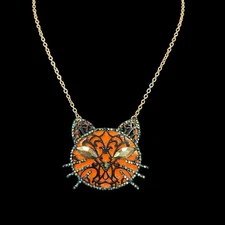 Betsey Johnson AB Crystal Rhinestone Large Kitty Orange Black Cat Face Necklace