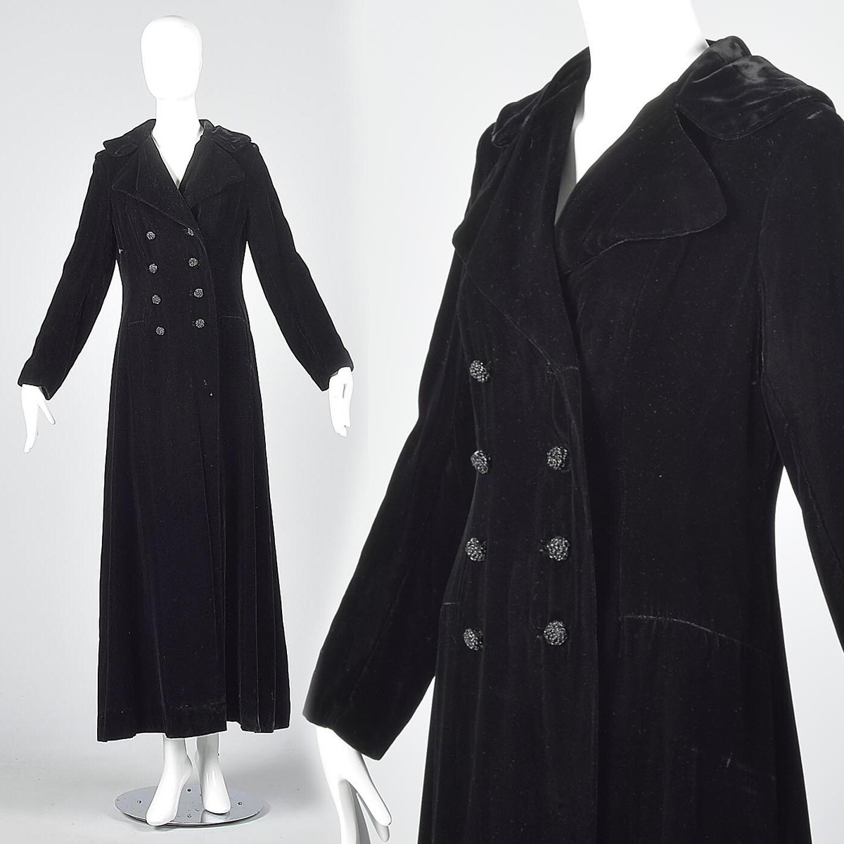 XS 1970s Coat Black Velvet Maxi Coat 70s VTG Opera Coat Winter