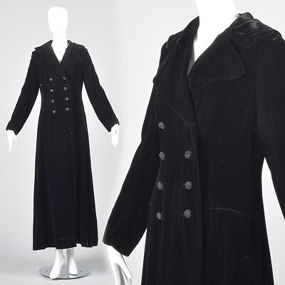 XS 1970s Coat Black Velvet Maxi Coat 70s VTG Opera Coat Winter