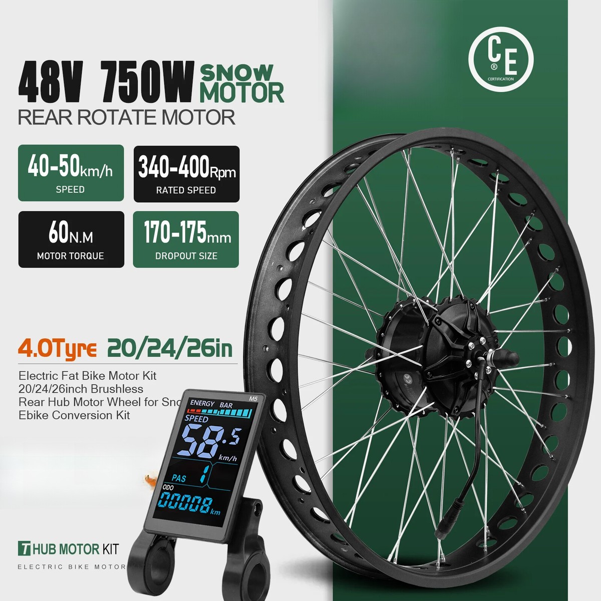 48V 750W Electric Fat Bike Motor Kit 20-26'' Tire Snow E-Bike