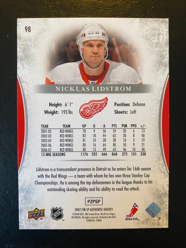 Nicklas Lidstrom 2007-08 SP Authentic Hockey UD #98 Detroit Red Wings - Image 2 of 2