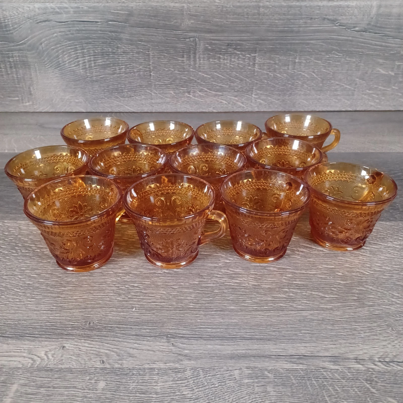 12 Vintage Indiana Glass Company Tiara Amber Sandwich Glass Coffee Tea Cups