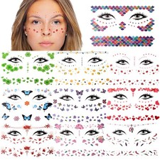 10 Sheets Glitter Face Tattoos Stickers, Metallic Fake Butterflies Flowers Fe...