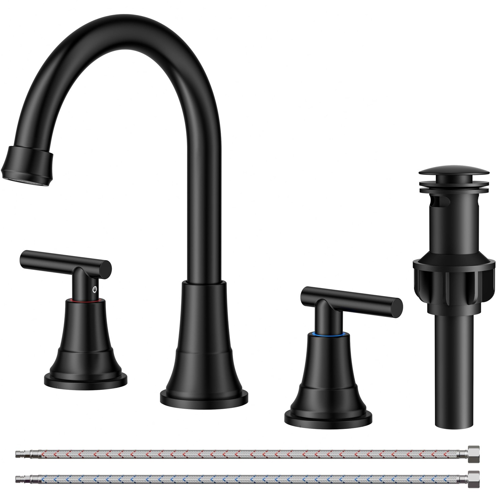 Black Bathroom Faucet 3 Hole Vanity, 2 Handle 360° Swivel Matte Black 8 Inch ...