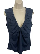 VERO MODA Women's Size Large Navy Blue Ruched V-Neck Blouse Top