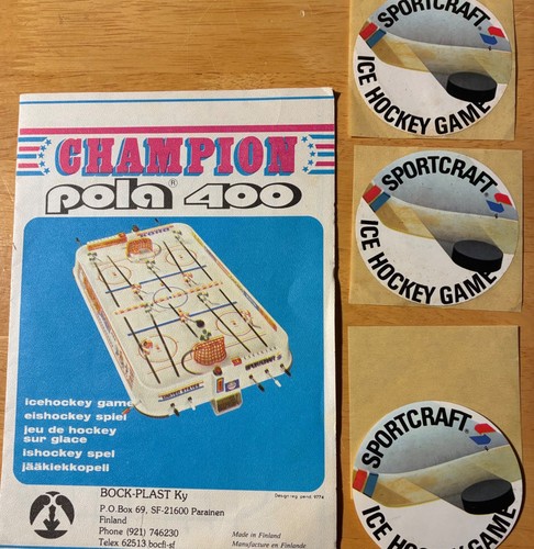 Sportcraft Ice Hockey Champion Pola 400 manual and stickers