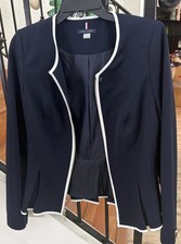 Tommy Hilfiger Women's Navy Zip Front Pleated Blazer White Trim Logo Size 4