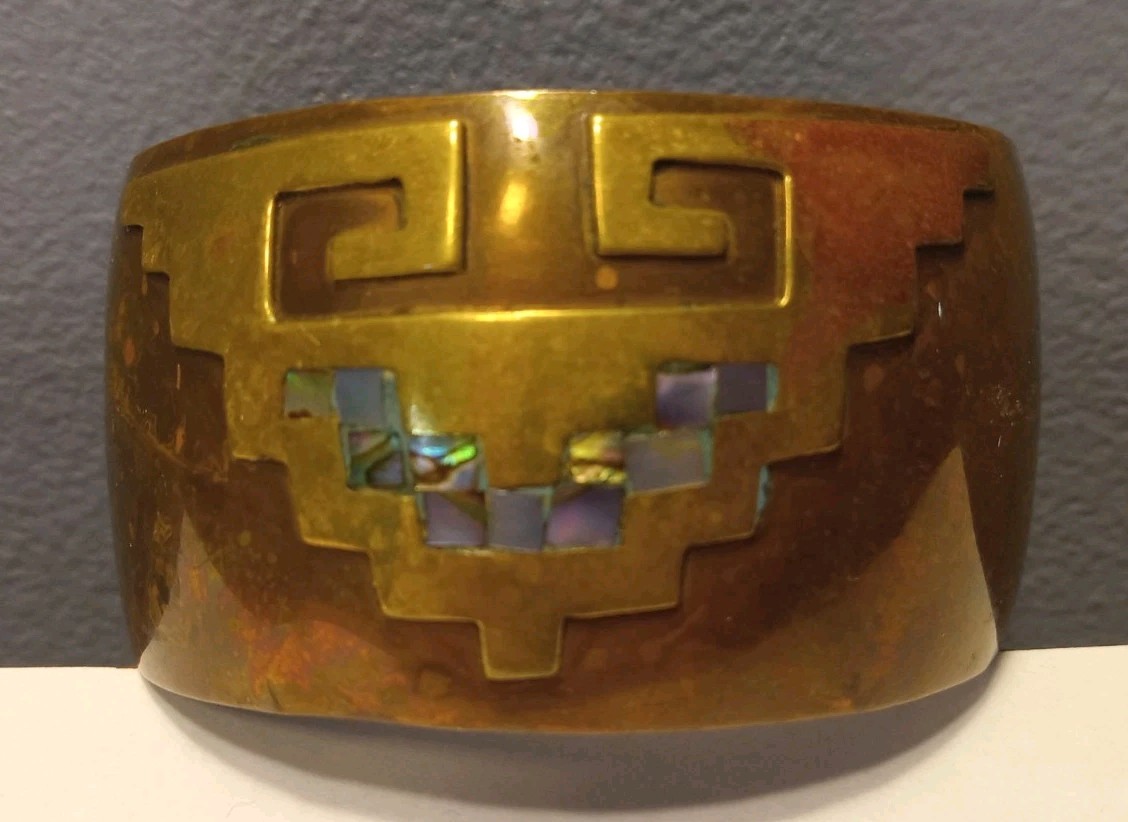 Vintage Tribal Design Copper & Brass Cuff Bracelet, multi-colored Abalone inlay