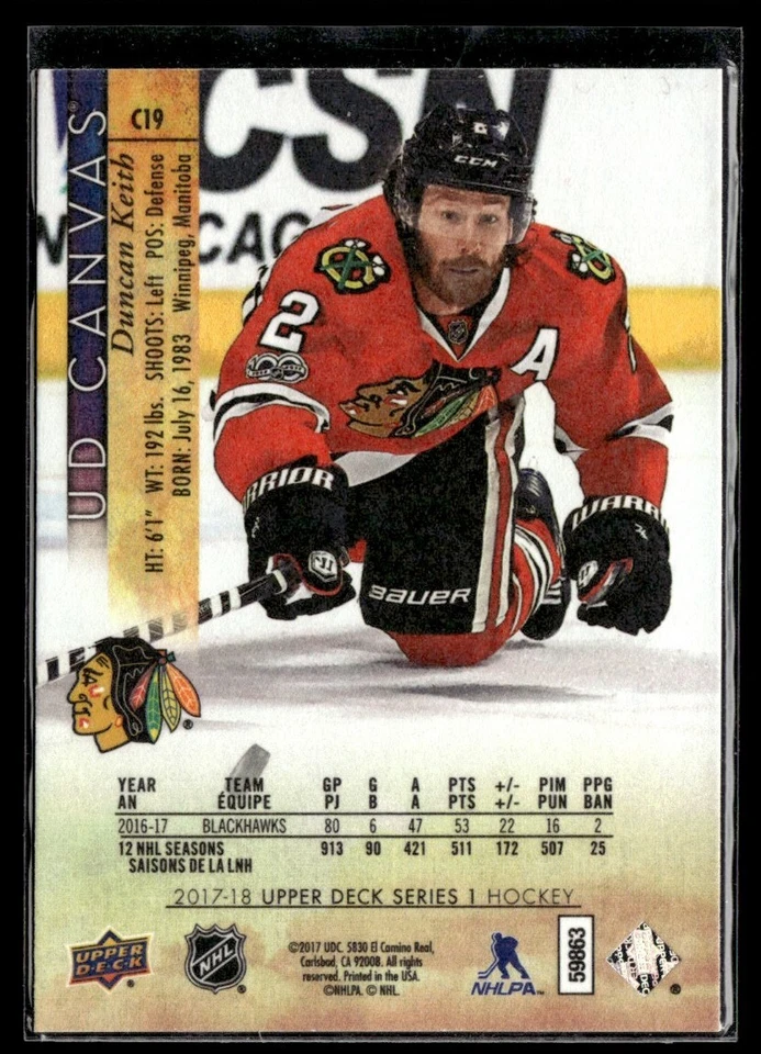 2017-18 Upper Deck UD Canvas Duncan Keith #C19 - Image 2 of 2