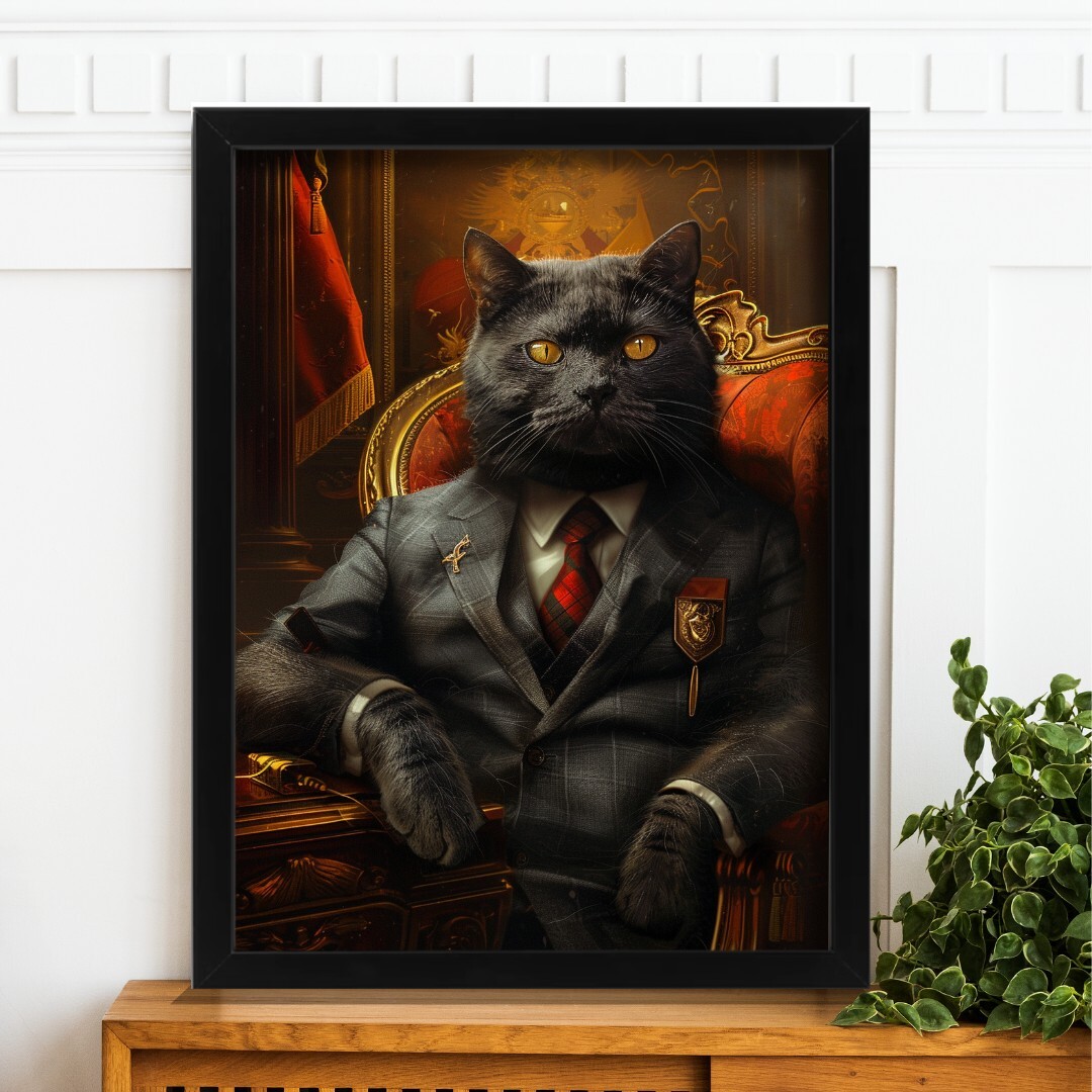Regal Cat in Suit Art Print Anthropomorphic Feline Wall Art Cat