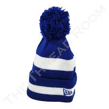 New Era Knit Beanie Royal Blue & White Striped Cuffed w/ Pom Pom 1-Ply Thick