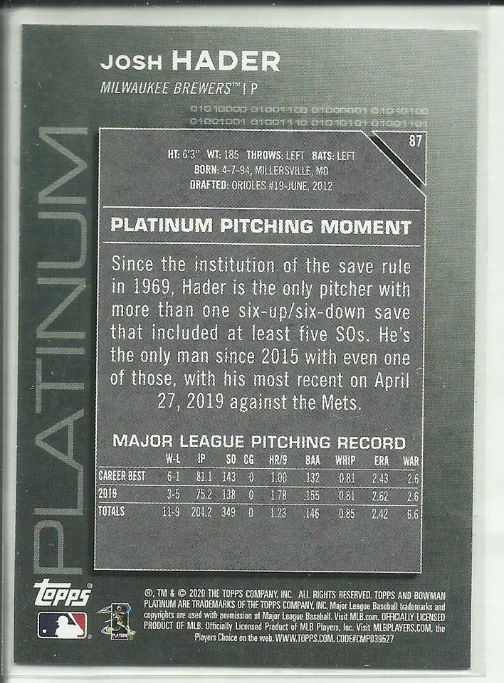 2020 Bowman Platinum Wal-Mart Chartreuse #87 Josh Hader Milwaukee Brewers - Image 2 of 2