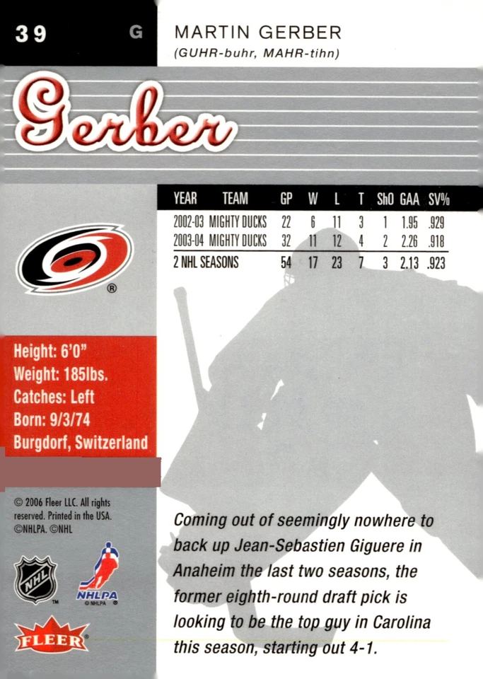 Martin Gerber - Signed 2005-06 Fleer Ultra Card #39 - Image 2 of 2