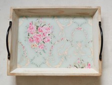 Large Serving Tray, Hand Painted Beige Tray Decoupage with Black Metal Handles