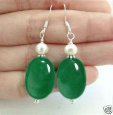Schöne weiße Perle natürliche grüne Jade 925 Silber Haken Ohrringe