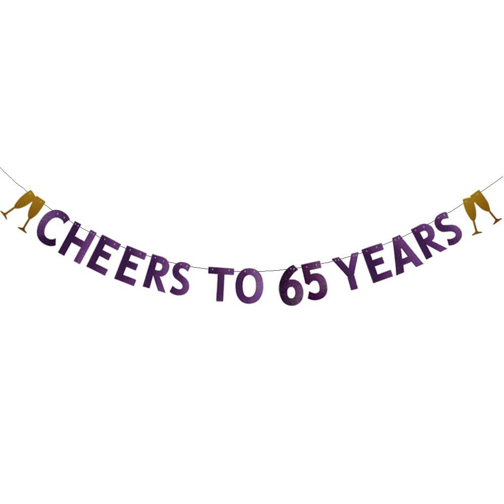 Cheers to 65 Years Banner Pre-Strung Purple Paper Glitter Party Decorations f...