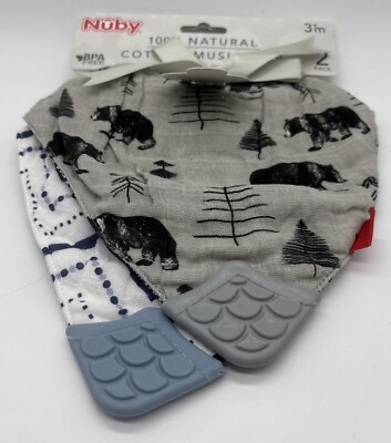 Nuby 100% Natural Cotton Muslim Bib Set 2 Baby Boy Teething Corners Bears Blue