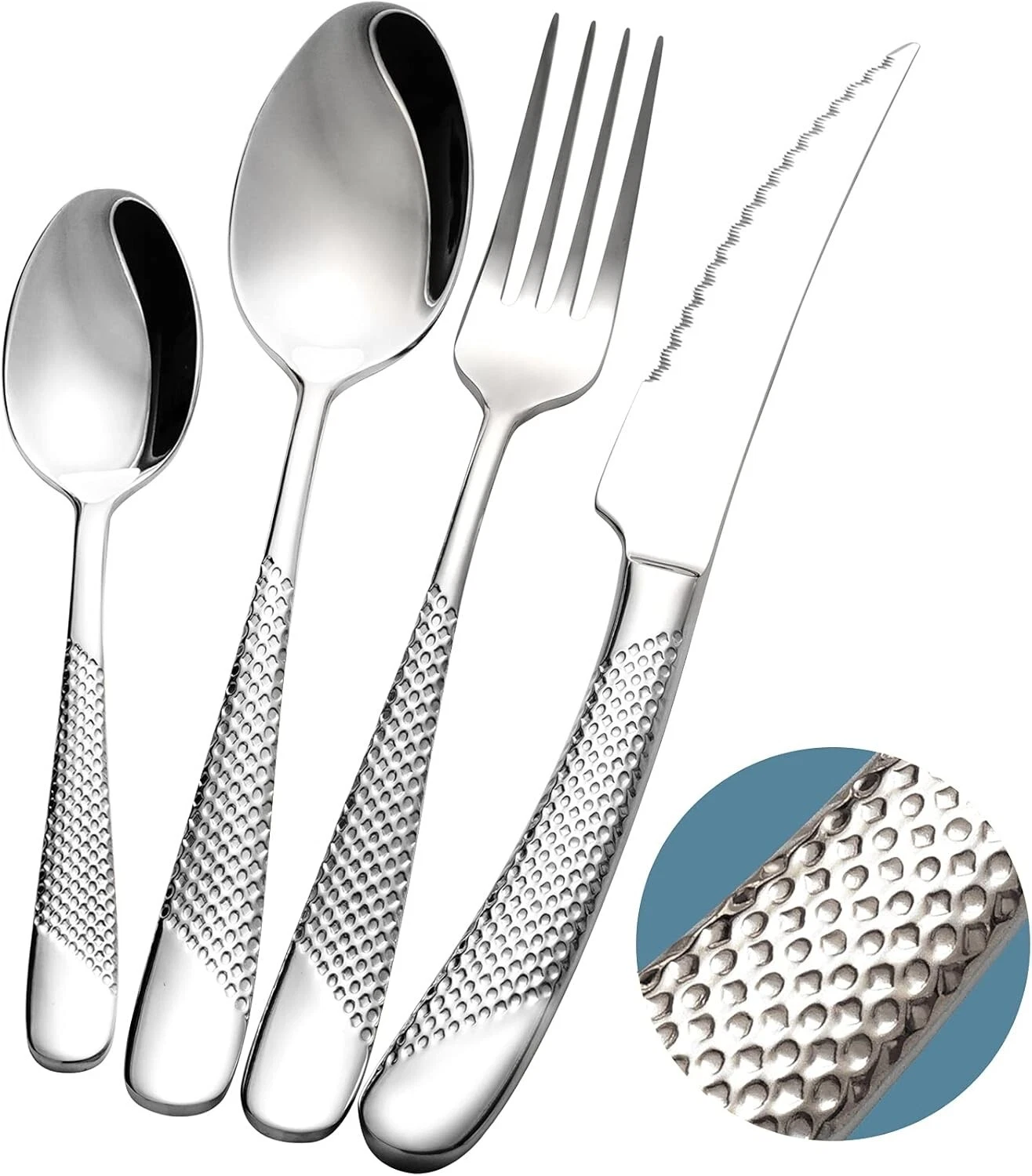 14-Piece ​Modern Hammered Cutlery Set with Ultra Sharp 2-in-1 Serrated Knife