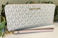 MICHAEL KORS JET SET LARGE TRAVEL CONTINENTAL WALLET VANILLA PINK MK SIGNATURE