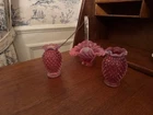 Set of Fenton Cranberry Opalescent Hobnail Glass Basket  and 2- 4" Vases