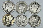 1916-1920 Mercury 10c Silver Dimes Lot of 6 With Mint Marks