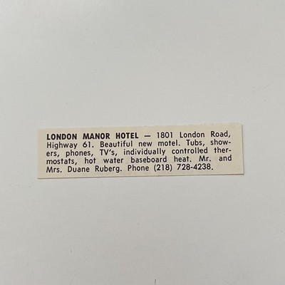 London Manor Hotel Mr. & Mrs. Duane Ruberg 1950s MN Ad TAK2-S52