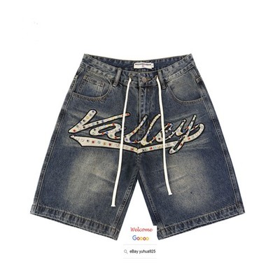 HIGH STREET DENIM JEANS SHORTS RHINESTONE WASHED HIPHOP CANVAS EMBROIDERY SHORTS