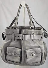 Cole Haan Village Medium Convertible Pewter Pebbled Leather Belted Tote W/COA