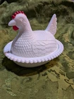 Vintage Indiana Glass White Milk Glass Hen on Nest Red Comb Covered Dish – 7”