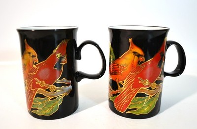 Two DUNOON STONEWARE Mugs Cardinal Birds Scotland