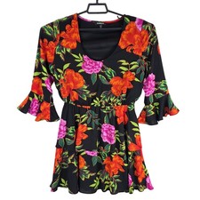Womens Express Black Floral Print Ruffle Sleeve Dress Polyester Round Neck M