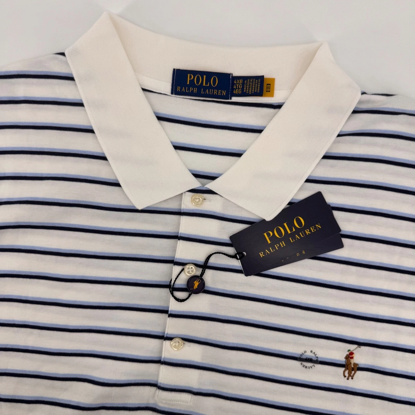 Polo Ralph Lauren Polo Shirt Mens 4XB White Blue Striped Short Sleeve Pony Logo