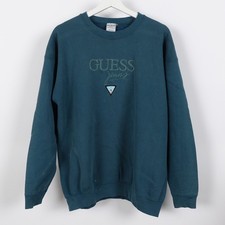 Vintage 1990s Guess Jeans Embroidered Green Teal Logo Sweatshirt XL Made in USA