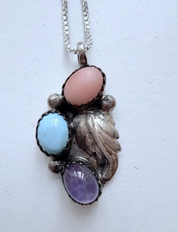 Vintage Navajo Sterling Three Stone Pendant R.B. with 16" Italy SS Chain
