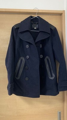 DIESEL Navy Double Breasted Peacoat S Leather Patch Herren Jacke