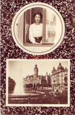 GERMANY. GRUSS AUS LEIPZIG! stadtbrunnen und schone Frau im fenster, 1912 