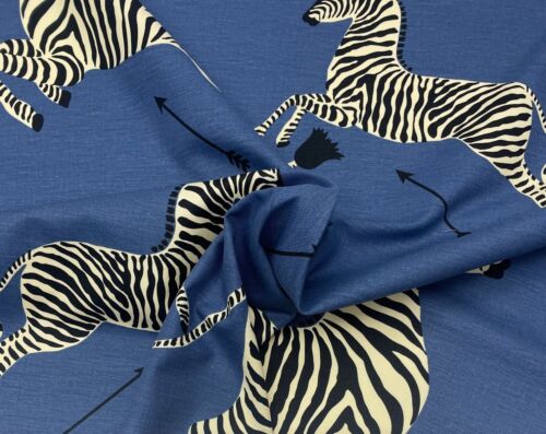 SCALAMANDRE ZEBRAS DENIM BLUE LARGE PRINT LINEN DESIGNER FABRIC BY THE YARD 54"W - Picture 6 of 7