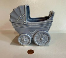 Blue Baby Carriage Buggy Planter Vase Ceramic  Occupied Japan  Cute