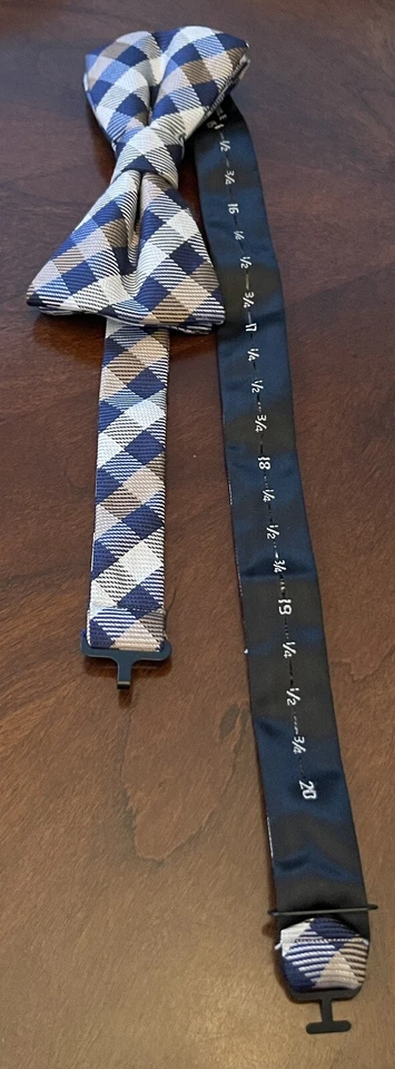 Blue Tan 100% Polyester Plaid Men’s Bow Tie Made In China - Image 3 of 4