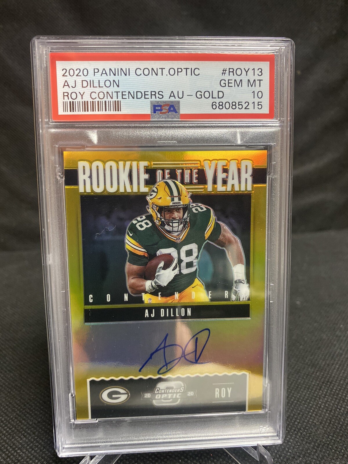 AJ Dillon Panini Contenders Optic Rookie of the Year Contenders Autographs #ROY13 Gold