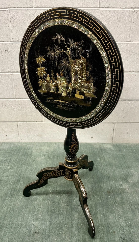 1860 English Black Lacquer Chinoiserie 20" Tilt-Top Pedestal Table Abalone Inlay - Image 2 of 4