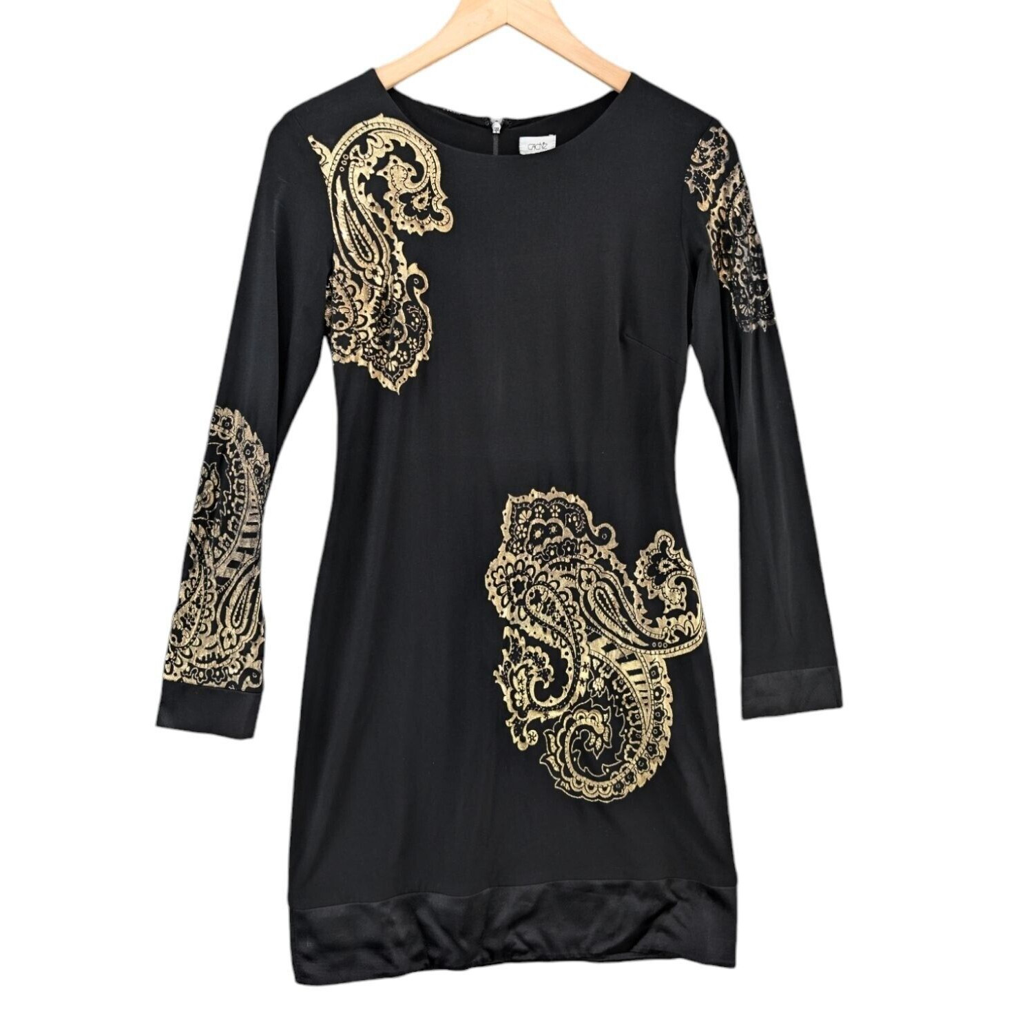 Cache Cocktail Dress Black Metallic Gold Paisley Long Sleeve Size 4-image